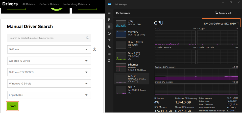 Task Manager showing GPU details