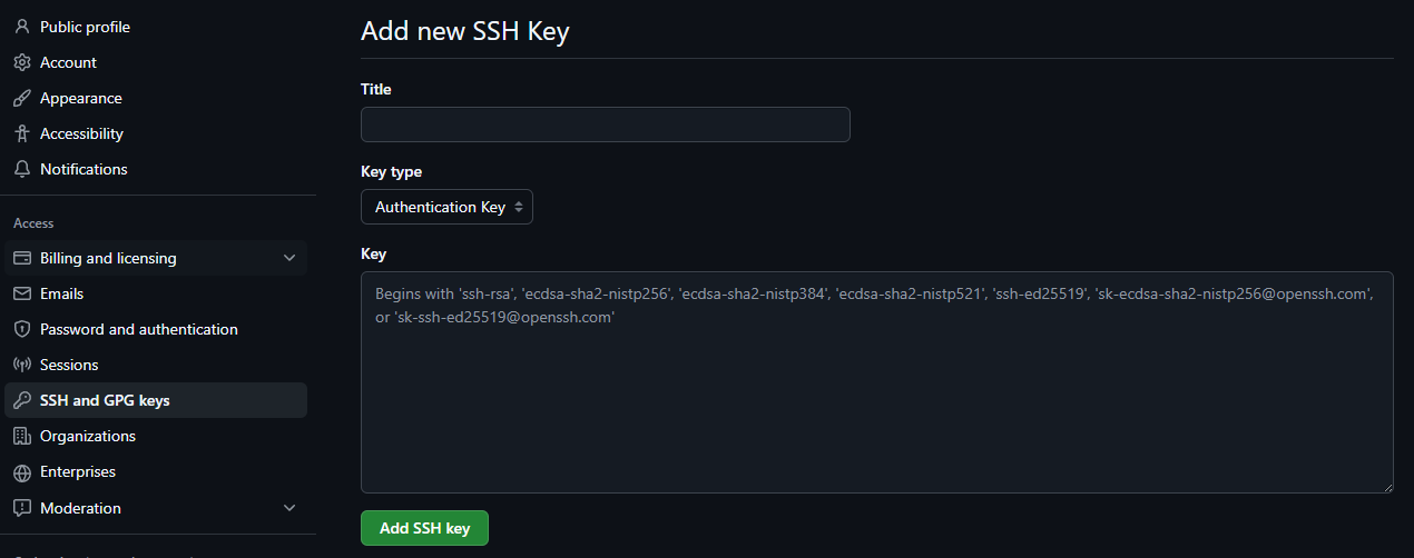 GitHub SSH key settings page